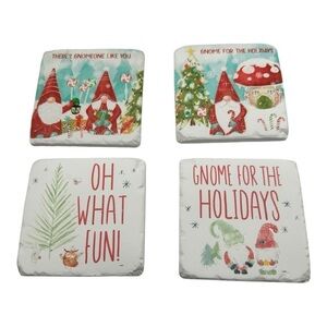 Set of 4 Christmas Gnome Coasters – Holiday Decor Ceramic Stoneware, Cork Backed